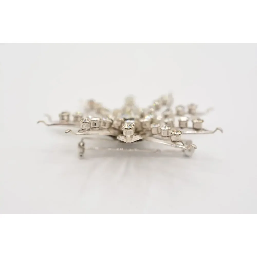 Vintage Crystal Flower Pin Brooch Baguette Prong Rhinestone Silver 1960s BinAL